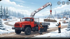 Современный японский кран-манипулятор Unic на фоне индустриального пейзажа Урала в футуристическом стиле